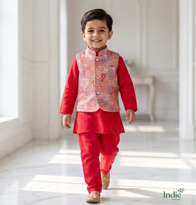 Red Kurta With Printed Jacket And Pant