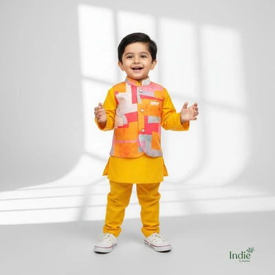 Orange Kurta With Multifloral Printed Jacket And Pant