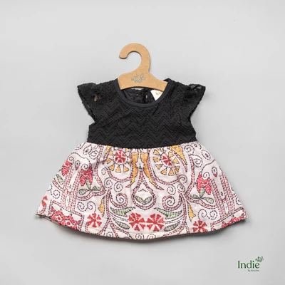 Black Embroidered Yoke White Printed Dress