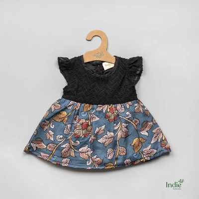 Black Embroidered Yoke With Floral Printed Blue Dress