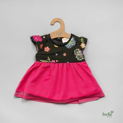 Yoke Floral Sequinced Hot Pink Dress