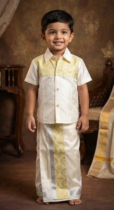 Banaras Patched Yellow Shirt And Dhoti