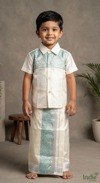 Banaras Patched Teal Shirt And Dhoti