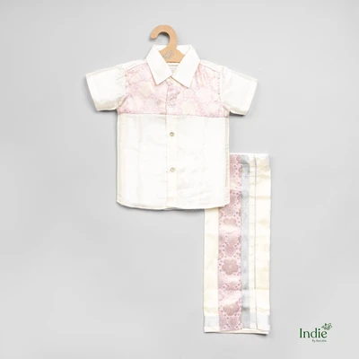 Banaras Patched Pink Shirt And Dhoti