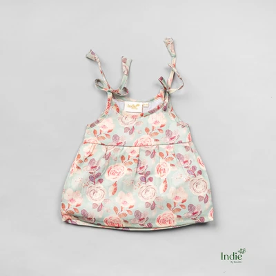 Rose Printed Teal Tie-Up Dress