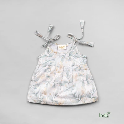 Leaf Printed White Tie-Up Dress