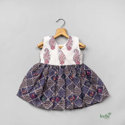 Multi-Colored Floral Printed Dress With WhiteTraditional Peacock Motif