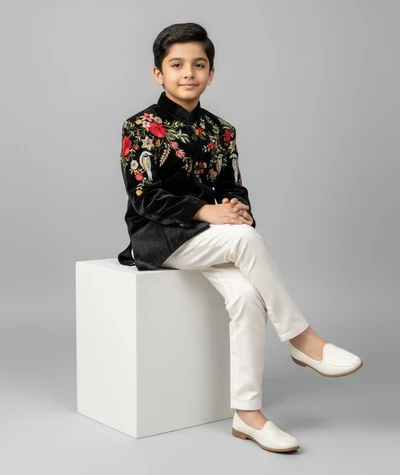 Floral Embroidered Black Velvet Kurta With Beige Pant