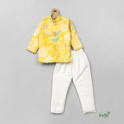 Floral Sequinced Yellow Kurta With Pant